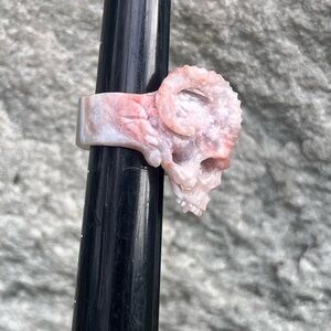 Pink Flower Agate Carved Ram Skull Ring